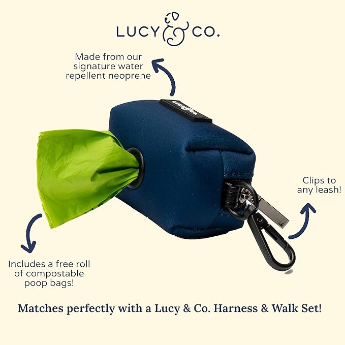 Lucy & Co. Dog Poop Bag Holder - Leak Proof Dispenser with Leash Attachment - Easy Refills - Hygienic Pet Poop Pickup - Navy