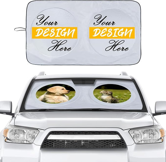 Custom Car Windshield Sun Shade, Personalized Foldable Front Window Sun Visor Protector Shield with Your Customized Photo Text Logo Design, Fits Most Sedans, SUVs, Vans, MPV, Trucks (Medium)
