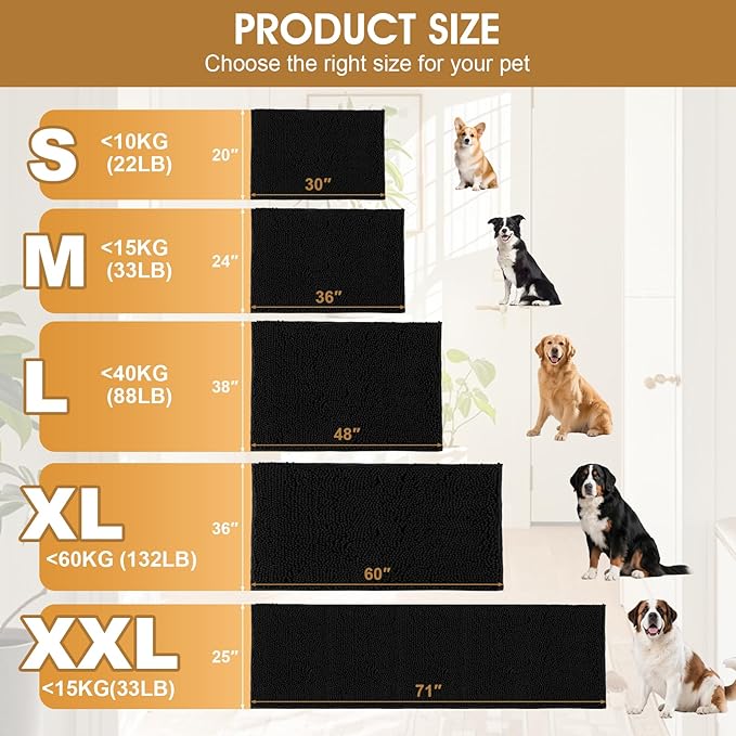 Extra Large Dog Door Mats for Muddy Paws, 60" x 36" Chenille Absorbent Mud Mat for Dogs, Non Slip Heavy Dog Rugs For Muddy Paws, Soft Indoor Door Mat for Entryway, Mud Paw, Inside Floor, Black