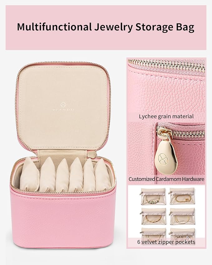 Vlando Travel Jewelry Box for Women,Faux Leather Jewelry Case with 6 Velvet Jewelry Zipper Pockets,Gift Ideas for Women Wife Earrings Necklace Rings Storage Boxes(Strawberry Pink)