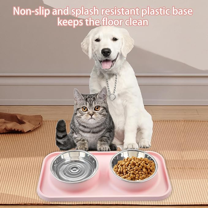 MUYG Double Dog Food Bowls with Mat,Stainless Steel Dog Bowls with No Spill Non Skid Silicone Mat Removable Cats Water and Food Bowl Set for Puppy Cats Kitten Small Medium Dogs(Pink)