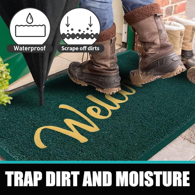 T.HENV Welcome Mat Outdoor Indoor, 32x20 100% Waterproof Front Door Mat Outside Entrance, All-Weather Quick Dry Doormat, Low Profile Patio Proch Entryway Mat, Non Slip, Easy Clean, Green-Gold