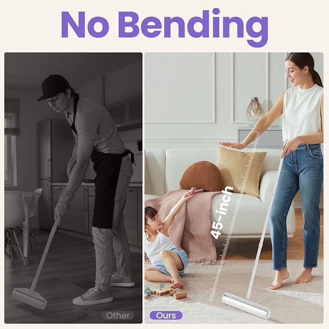 14.17" Extra Large Lint Rollers for Pet Hair, DELOMO Sticky Rollers for Floor with 3 Extendable Handle & 4 Refills (200 Sheets), Long Handle Sticky Mop for Cleaning Carpets, Couch, Furniture, Cars