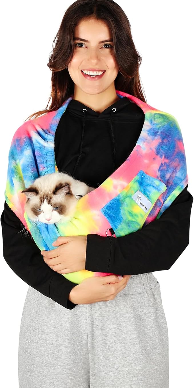 Hands-Free Cat Sling Carrier, Ultra-Soft Polar Fleece Pet Sling for Small Dogs & Cats 3-14 lbs, Machine Washable for Indoor Snuggling & Outdoor Use (Large, Fruits)