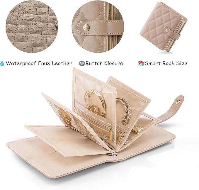 Vlando Small Jewelry Book Organizer - Leather Travel Jewelry Case with 5 Detachable Pages for Necklaces, Rings, Earrings, Tangle-Free, Giftable,Latte