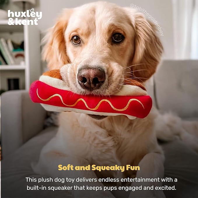 Huxley & Kent Funny Dog Toy w/Squeaker – Power Plush Squeaky Dog Toys for Small, Medium & Large Dogs – Soft Stuffed Animal for Indoor Play & Fetch - Haute Dog, Large