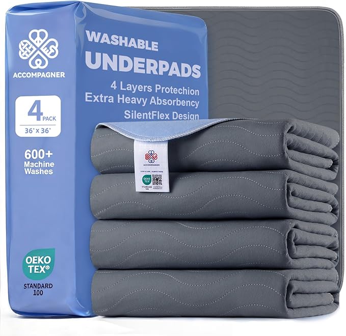 Accompagner Waterproof Reusable for Adults and Pets Washable Pee Pads for Dogs Changing Pad Large Dog Bed Size Adults Incontinence Bed Pads - Non-Slip Leak-Proof (Dark Gray, 36"x36"(Pack of 4))