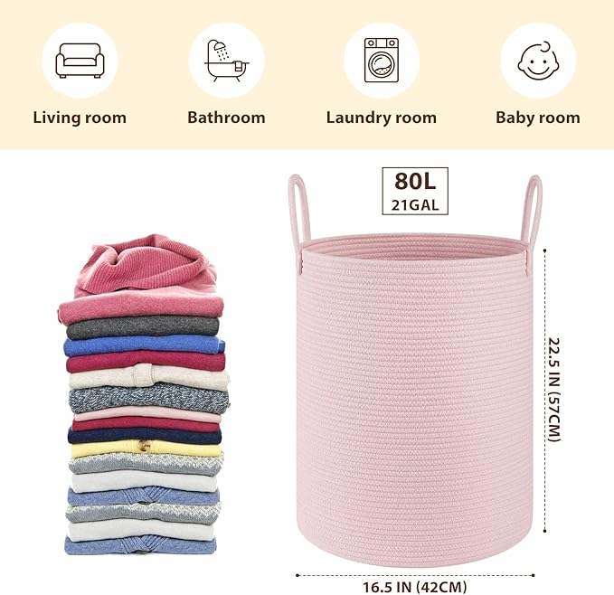 OIAHOMY Large Laundry Basket Hamper - 80L Cotton Rope Woven Basket for Blankets, Toys, Clothes - Tall Decorative Nursery Hamper with Long Handles, Pink