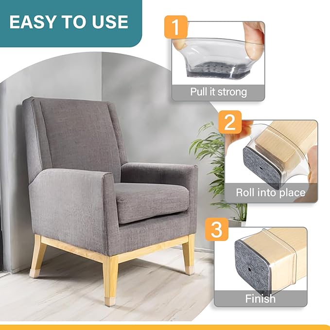 24 Pcs Chair Leg Floor Protectors Rectangle, Silicone Felt Furniture Leg Pads Caps Covers for Hardwood Floors, Fit L:2" to 2-1/2", W:1" to 1-1/2"