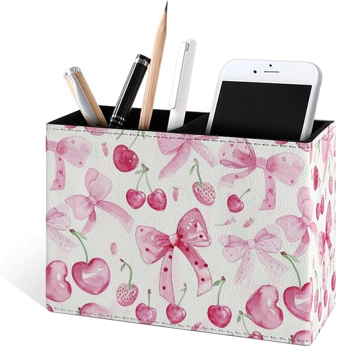 Famame Cute Bows Pink Cherry Pencil Holder for Desk, Leather Desktop Container Pen Cup Storage Study Table Pen Organizer Makeup Brush Holder for Classroom Office Home