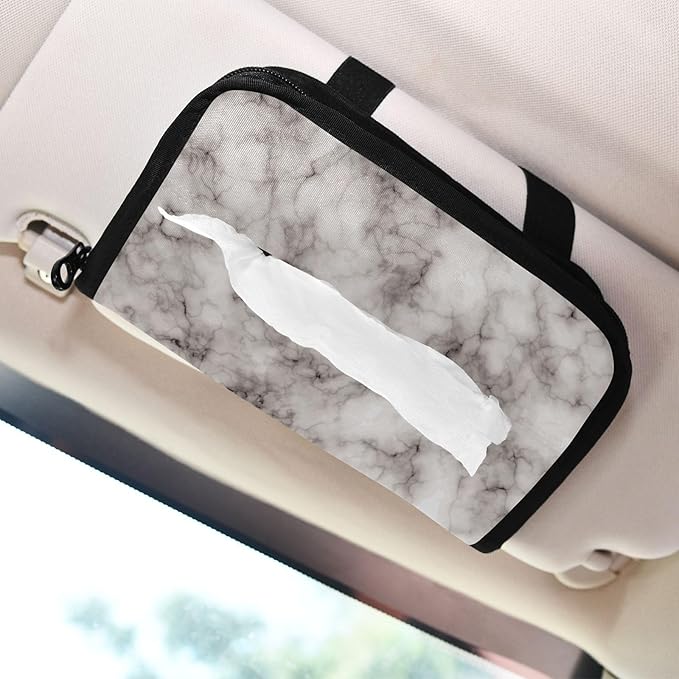 Car Tissue Holder Car Napkin Holder Car Tissue Box Dispenser Storage Case Sun Visor Mask Holder with Adjustable Straps Reusable Refillable Marble Grey
