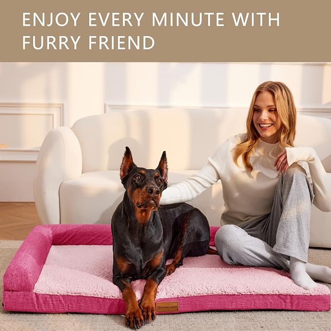 Patas Lague Orthopedic XL Dog Bed Large Sized Dog 42''X28'', Waterproof L Bolster Big Large Pet Sofa Beds with Removable Washable Cover, Soft Pet Couch Crate Mat with Nonskid Bottom, Pink
