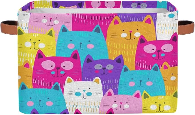 Cute Cats Colorful Storage Bins Cubes Collapsible Fabric Storage Baskets Toy Organizer with Handles for Book Office Shelf Shelves