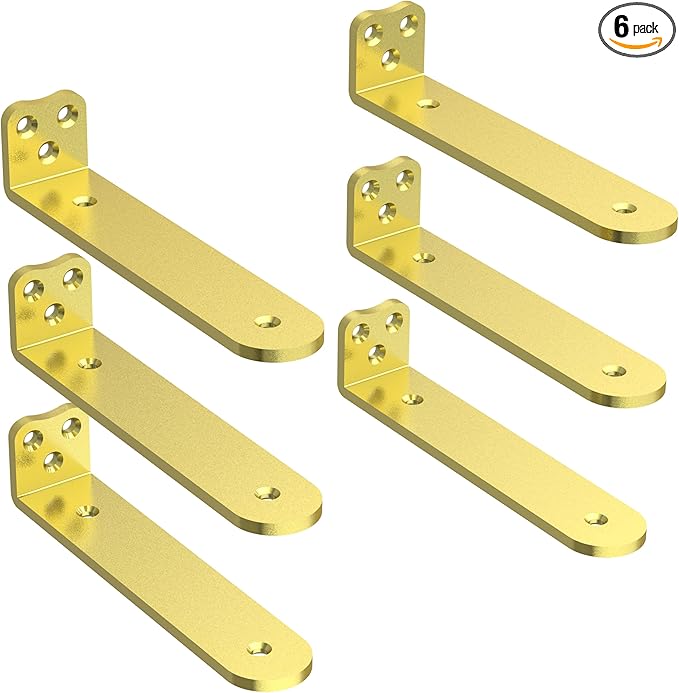 Eurydice Heavy Duty Floating Shelf Brackets, 1/4 inch Thick L Brackets, (8 in 6 Pack Gold), Holds 200 lb, Rounded Arc Edge, One-Piece, 3 Hole Mounting for Wood Shelves in Kitchen, Garage, Office, DIY