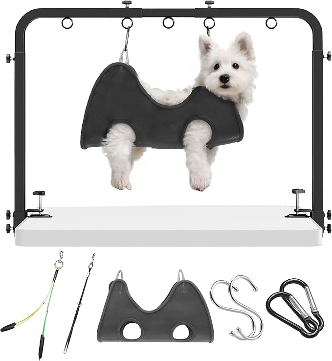 Josmimic Adjustable Dog Grooming Arm for Table: 42'' Height, 27''–39'' Width, Clamp Fits Up to 2.76'', with Hammock & 2 Nooses – Portable Pet Grooming Station for Nail Trimming, Cats & Dogs at Home