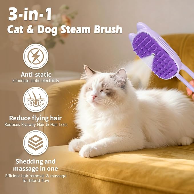 Cat Steam Brush for Dog & Cat, Spritz Defur Comb 3 in 1 Pet Rechargeable Steam Brush Tool for Long and Short Haired Cats and Dogs, Anti-Static, Shedding, Detangling, Massage & Combing (Purple)