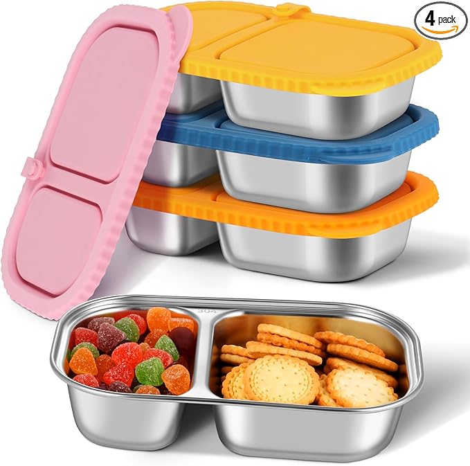 4 Pack Stainless Steel Snack Containers with Silicone Lids, Reusable Stainless Steel Food Containers Snack Box, 2 Compartment Meal Prep Containers for Lunch, Leakproof, Dishwasher Safe