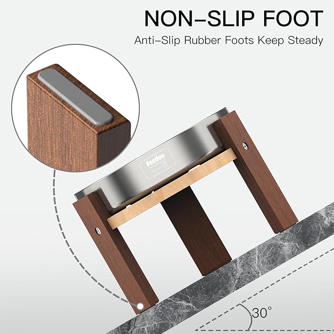 Feedoo Elevated Dog Bowl Stand, 6 Inch Height Raised Stand for Medium&Small Dogs, Includes 2Cups Stainless Steel Slow Feeder Dog Bowl, Durable Solid Hardwood