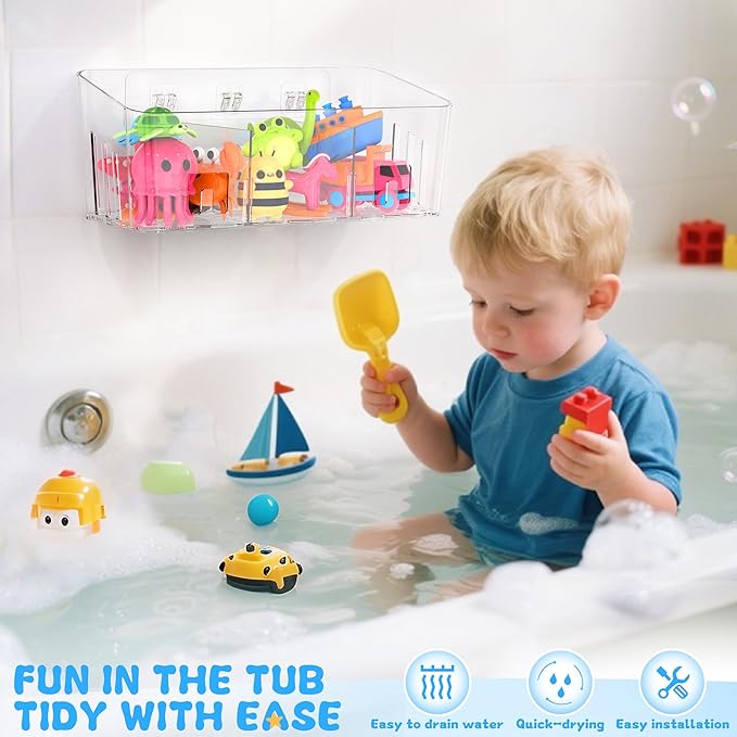 Lysam Bath Toy Storage 4 Packs, Large Bath Toy Holder with 3 Compartment, Quick Dry Bathtub Toy Organizer, Bath Tub Toy Net, Shower Toy Basket & Bin, Bathroom Accessories for Baby,Toddler,Kids（Clear）
