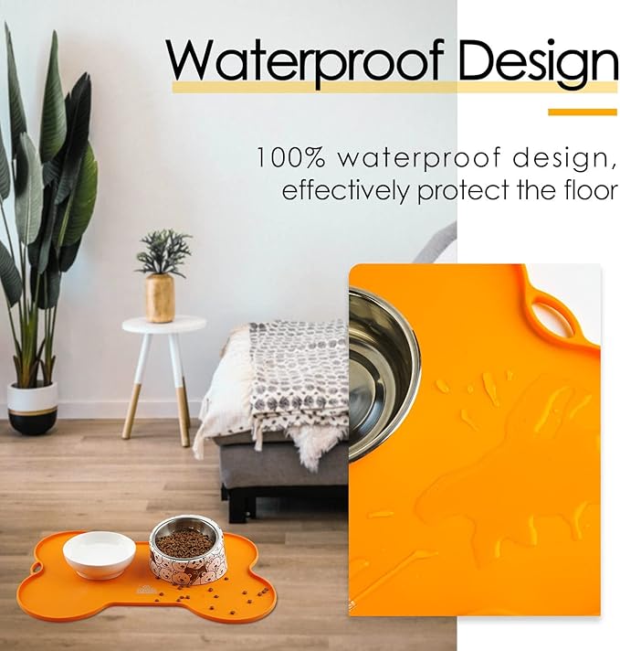 Super Design Dog Food Mat Dog Bowl Mat for Food and Water Silicone Non Spill Cat Feeding Mat Puppy Placemat Waterproof - 20.5" x 14.5", Orange