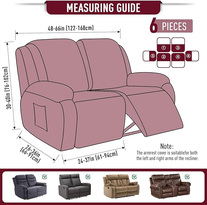 TAOCOCO Recliner Loveseat Slipcover, 6 Pieces Dual Recliner Sofa Covers for 2 Seat Dual Reclining Loveseat Couch, Stretch Soft Jacquard Pattern Furniture Protector with Elasticity (Burgundy)