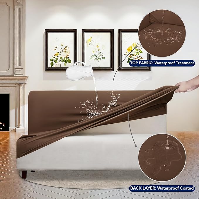 PureFit 100% Dual Waterproof Futon Cover - Stretch Non Slip Fleece Sofa Covers, Washable, Leakproof Furniture Protector for Kids, Pets, Dogs (Brown)