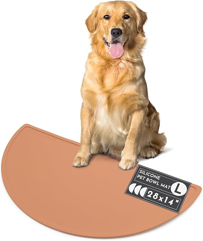 Should We Go? Waterproof Silicone Pet Food Mat - Non-Slip Spill-Proof Feeding Mats for Floors, Raised Edge Design Easy-to-Clean Rubber Mat for Dog & Cat Bowls, 28" Across x 14" Deep, Large-Terracotta