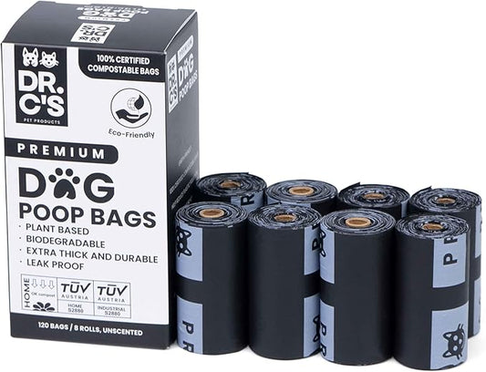 100% Certified Compostable Dog Poop Bags - Dr. C's Premium Dog Poop Bags - 120 Bags / 8 Rolls, Extra thick, Leak Proof, Unscented, Plant Based, Earth Friendly and USA Owned