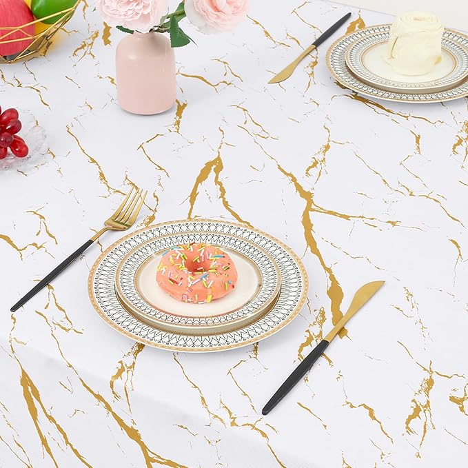 misaya Rectangle Waterproof Vinyl Table Cloth, Wipeable Tablecloth with Flannel Backing, Plastic Table Cover for Dinner, Picnic, Indoor and Outdoor (White Gold Marble, 60" x 84")