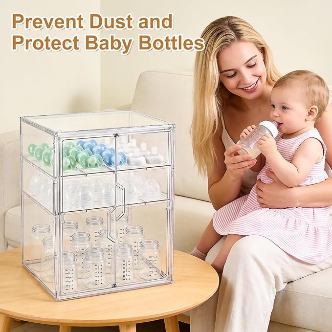 ERTIUANIO Baby Bottle Organizer – 3 Tier Acrylic Bottle Storage Organizer Container, Clear Plastic Bottle Station Organizers Drawers with Double Magnetic Doors for Countertop Kitchen Vanity, Bathroom