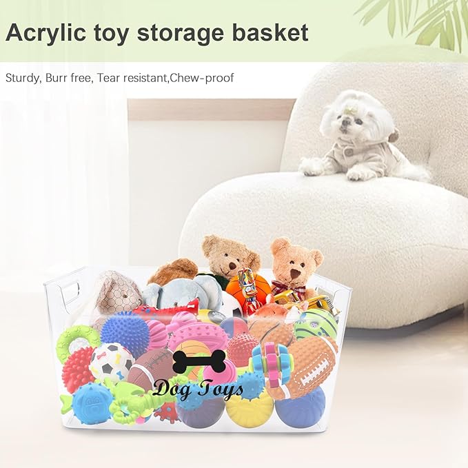 Dog Toy Basket with Handle - Clear Plastic Waterproof Dog Storage Organizer for Toys, Blankets, Leashes, Treats & Grooming Supplies - 1Pack