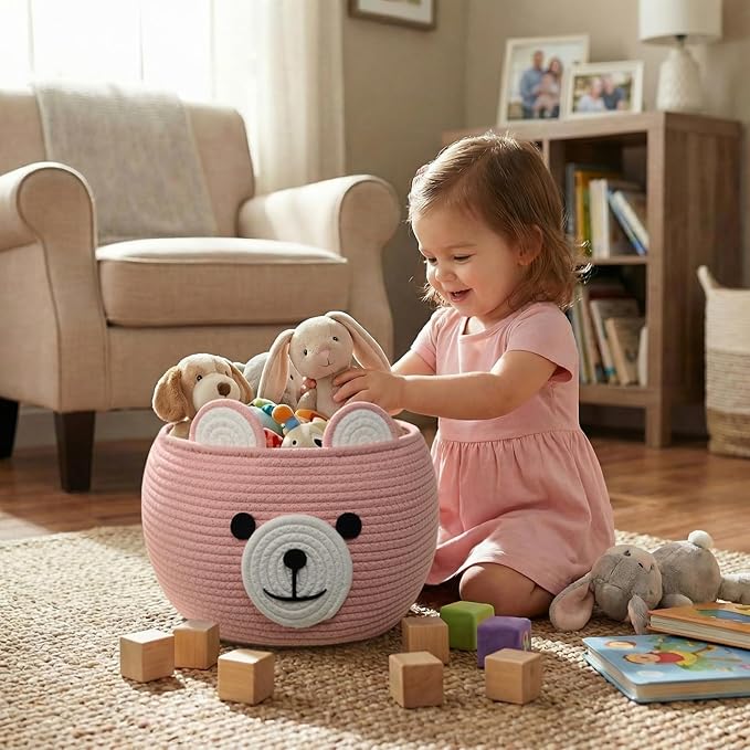 CherryNow Baby Basket for Nursery, Baby Shower Gifts for Girls, Cute Storage Basket for Home Decor, Animal Baskets for Kids Toys Organizer, Pink, 10.5"D x 8.5"H