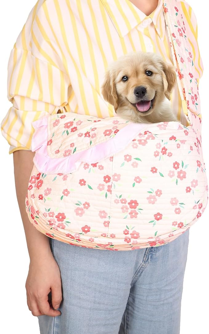 Floral Print Pet Carrier Bag for Small Dogs and Cats, 5-15 Lbs Pet Purse,Hands-Free Design Dog Purses(Red Floral, Small)