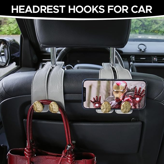 2PCS Leather Car Seat Hooks for Headrest, Vehicle Hanger Storage Organizer Universal for Handbag Purse, Car Accessories Gift (Grey-Gold)