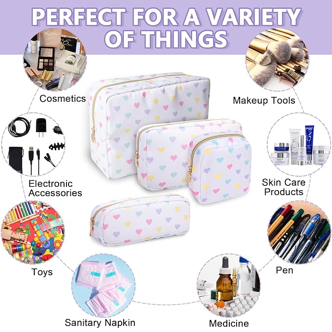 Mini Makeup Pouch for Purse, Nylon Travel Toiletry Organizers Small Cosmetic Bag for Women Girl, Checkered Cute Zipper Coin Purse Preppy Storage Bag for School Work(Mini-White Heart)