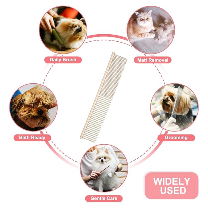 PETAXCELL Dog Cat Comb, Pet Combs Stainless Steel Teeth with Rounded Ends for Knots Mats Loose Hair Removal, 6.5/7.5IN (Gold Coated, 2 Pack), Grooming Tool Intended for Long Curly Hair Pet