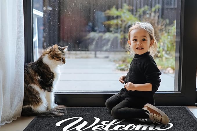T.HENV Welcome Mat Outdoor, 2 Pack 30x17.5 Waterproof All-Season Front Door Mat Outside Entrance, All-Weather Quick Drying, Low Profile Doormat Indoor, Patio Porch Entryway Mat, Black-White