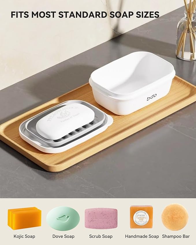 Travel Essentials Soap Holder with Lid,Leakproof Soap Dish with Drainage Layer, Portable Travel Soap Bar Case for Camping, Gym, Bathroom,Kitchen,Dormitory,Hotel(White)