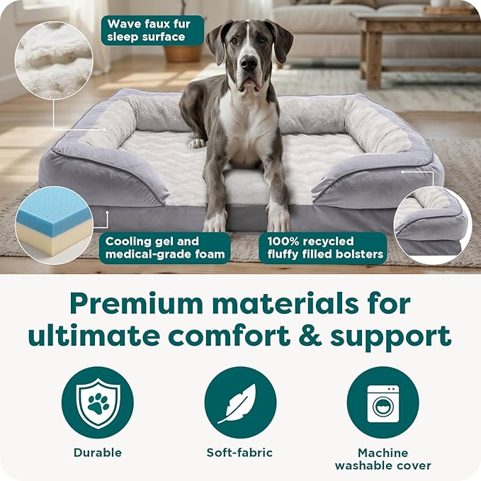 Furhaven Cooling Gel Dog Bed for Large Dogs w/ Removable Bolsters & Washable Cover, For Dogs Up to 125 lbs - Plush & Velvet Waves Perfect Comfort Sofa - Granite Gray, Jumbo Plus/XXL