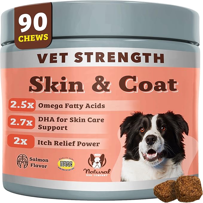 Natural Dog Company Vet Strength Omega Skin & Coat Chews for Dogs – Supports Itchy Skin Relief, Moisture Balance & Coat Hydration, Biotin & Vitamin E, Dry Skin Care, Vet-Recommended, USA Made, 90 Ct