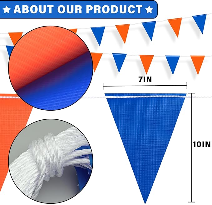 105ft Pennant Banner Flags, 7x10 Blue and Orange 45 Pcs High Visibility Safety Flagging on String, Triangle Pool Flag for Backstroke, Construction Events Party Decoration Parking Marking Outside