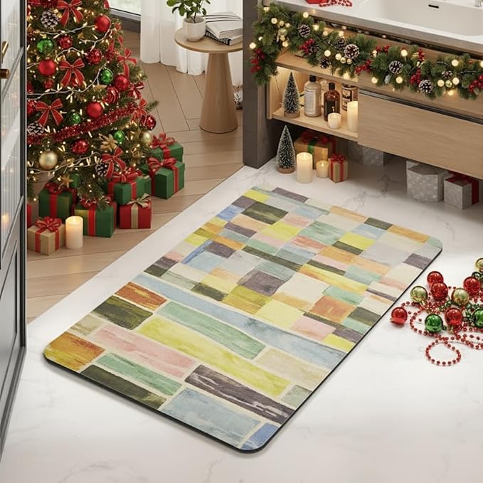MontVoo -Bath Mat-Non Slip Thin Bathroom Rugs Fit Under Door- Quick Dry Absorbent Faux Suede Surface Grey Bathroom Floor Mats-Shower Rug for in Front of Bathtub Shower Colorful Plaid 16x24