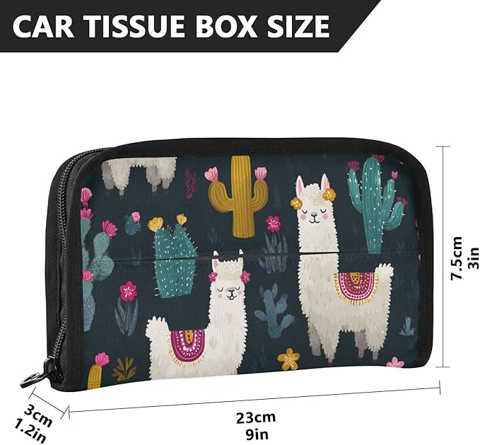 Car Tissue Holder Car Napkin Holder Car Tissue Box Dispenser Storage Case Sun Visor Mask Holder with Adjustable Straps Reusable Refillable White Llama Green Cactus