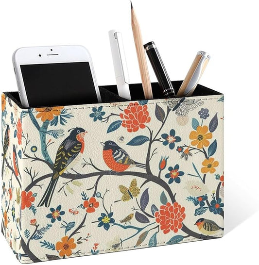 Famame Birds And Butterfly Tree Pencil Holder for Desk, Leather Desktop Container Pen Cup Storage Study Table Pen Organizer Makeup Brush Holder for Classroom Office Home