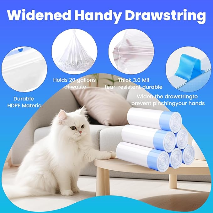 60 Pack Jumbo Cat Litter Bags - 3MIL Extra Thick Leakproof Litter Box Liners, 37"x18" Heavy Duty Drawstring Cat Litter Liners for Automatic Litter Box, Odor Control Disposable Kitty Litter Bags 6 Roll