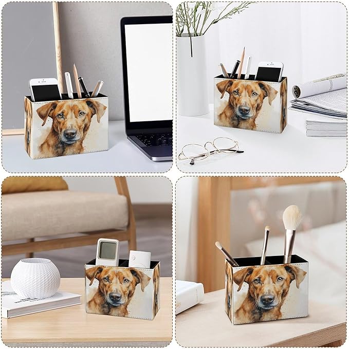 Famame Brown Dog Watercolor Pencil Holder for Desk, Leather Desktop Container Pen Cup Storage Study Table Pen Organizer Makeup Brush Holder for Classroom Office Home