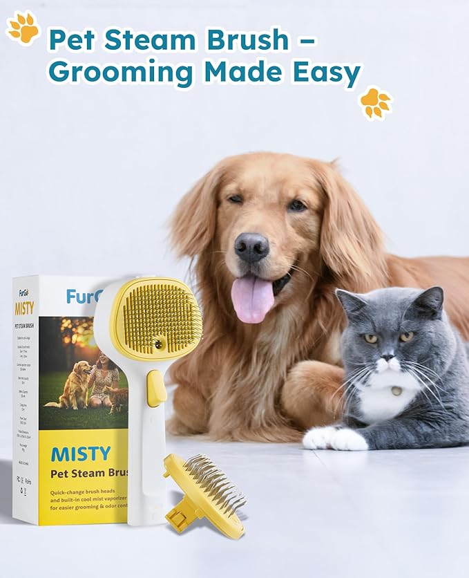 3-in-1 Anti-static Cat Steam Brush & Deshedding Tool - Cat Brush for Long/Short Hair, Reduces 95% Shedding, Easy Clean Grooming Supplies for Pet Owners (Yellow - Long Head)