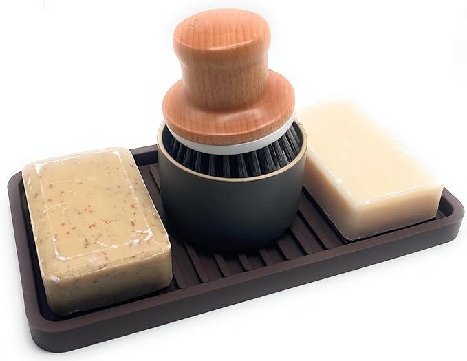 Happitasa Silicone Kitchen Sink Organizer Tray, Sponge Holder and Countertop Protector | Bathroom and Kitchen Soap Dish and Dispenser Tray (Dark Chocolate, 10"x5.25")