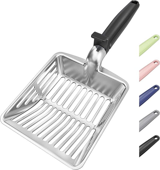 KooMooM Metal Cat Litter Scoop, Large Cat Scooper with Deep Shovel & Dual Sifting Holes for Fast & Precise Sifting, Space Aluminum Kitty Litter Scooper with Long Handle & Easy-to-Hang Hook - Black