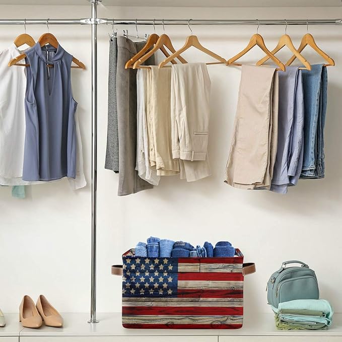 AUUXVA American Flag Patriotic Wooden Storage Basket Bin Memorial Day Large Fabric Toys Storage Cube Box with Handles Collapsible Closet Shelf Cloth Organizer Basket for Nursery Bedroom Bathroom